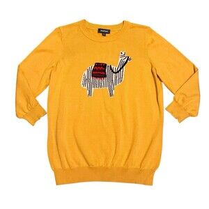Anthropologie MODCLOTH Mustard Yellow Boom Baby Knit Llama Sweater Sz L *FLAWS